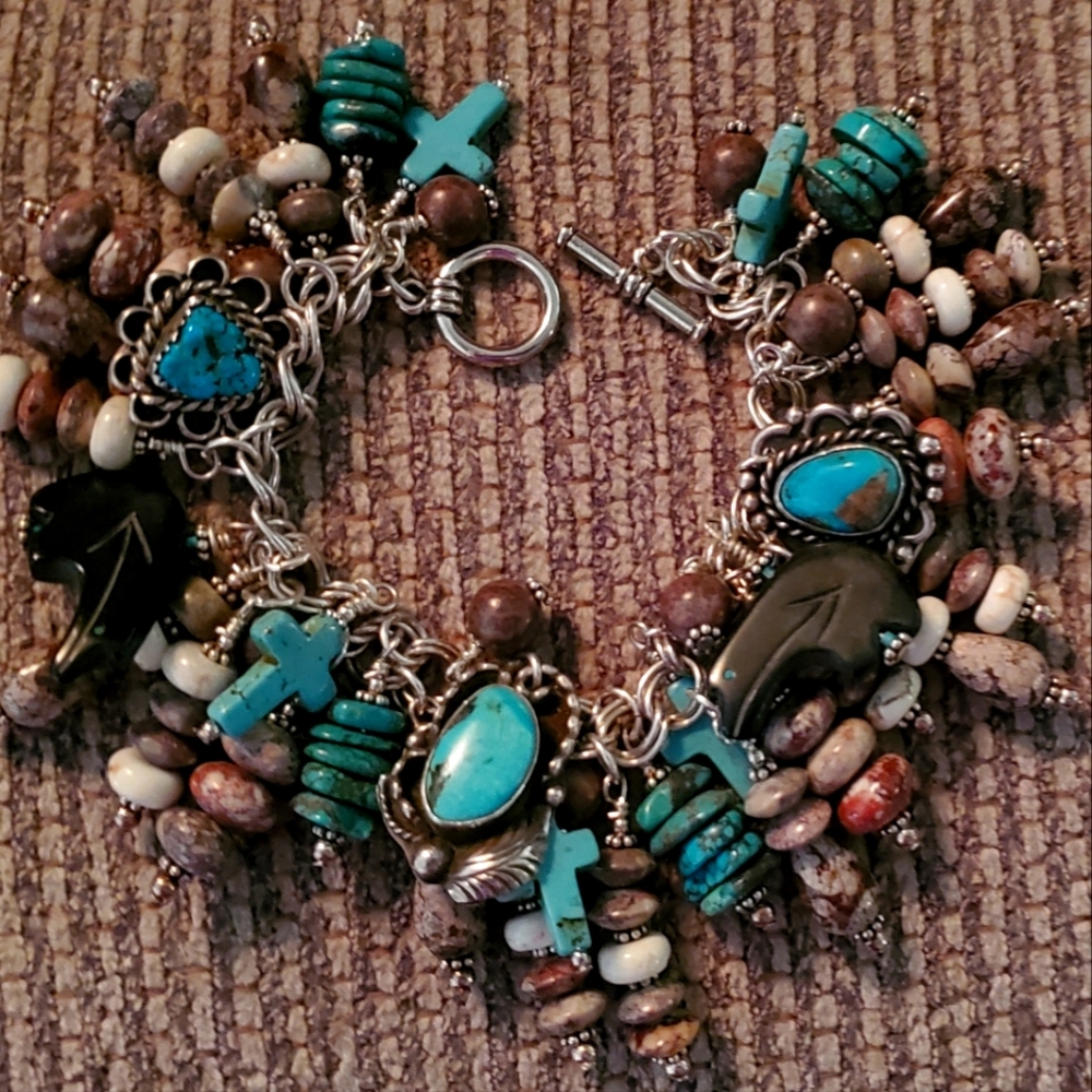 Vtg. Schaef Designs Turquoise & Sterling Silver Charm Bracelet & Earrings